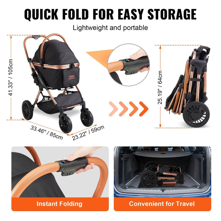 Easy-Fold dog stroller with detachable basket, breathable mesh panels, and rear wheel brakes for small dogs.