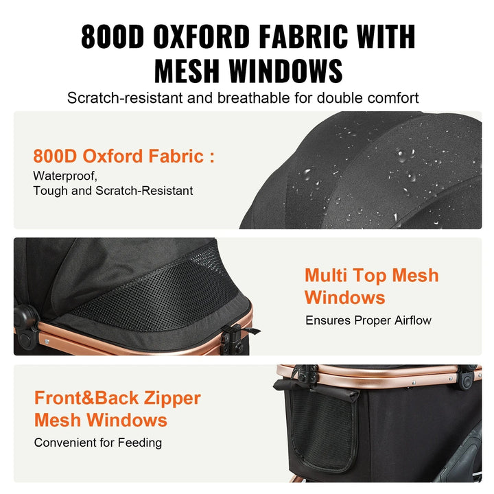 Easy-Fold dog stroller with detachable basket, breathable mesh panels, and rear wheel brakes for small dogs.