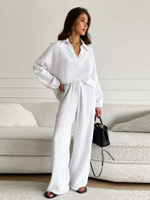 Women's Loungewear Set - V-Neck & Wide Leg