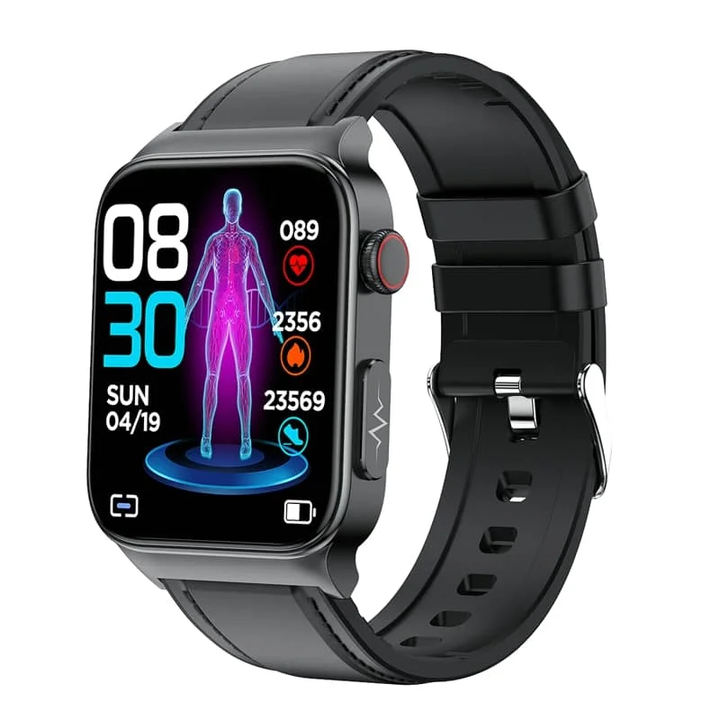 "ECG smart watch for men and women with 1.83'' HD touch screen, health monitoring features, and sleek black design."