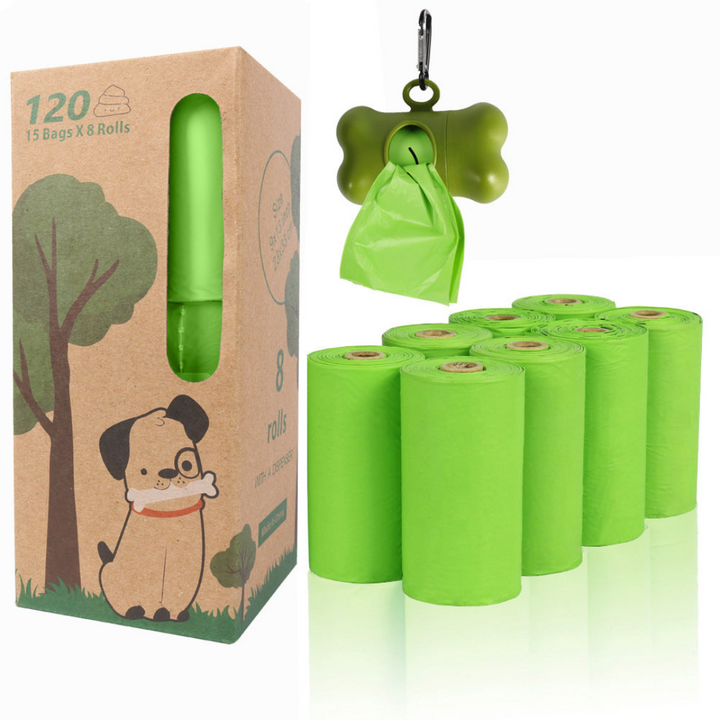 Eco-friendly pet waste bags with durable dispenser, 120 biodegradable, leak-proof bags for clean, convenient pet care.