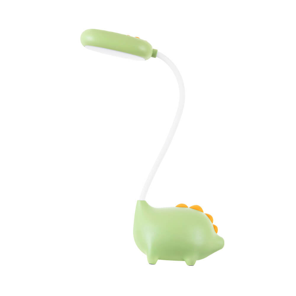Eco-friendly T-Rex LED desk light for kids; whimsical dino shape, adjustable neck, soft eye-caring light; available in yellow