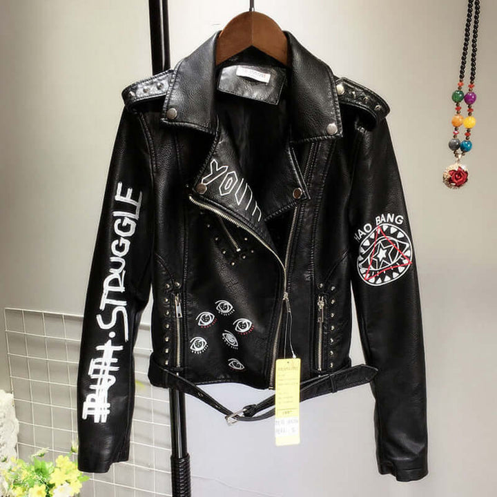 Edgy black women's PU leather moto jacket with stylish rivet details, perfect for fall fashion outerwear.