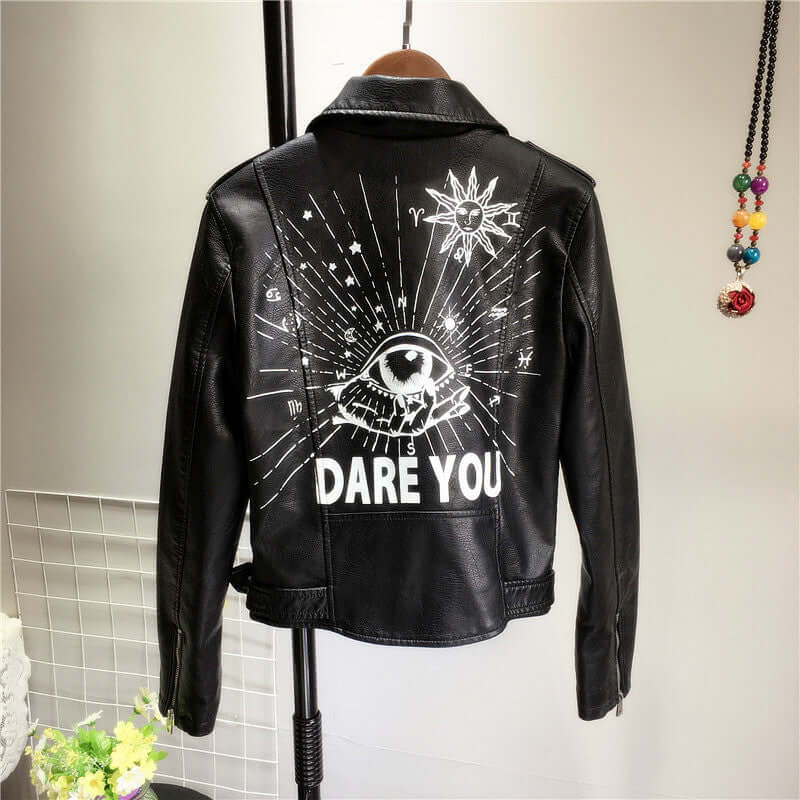 Chic women's black PU leather jacket featuring edgy rivet accents, a versatile moto style for fashion outerwear.