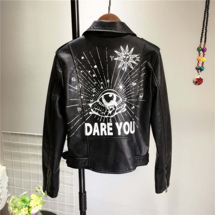 Chic women's black PU leather jacket featuring edgy rivet accents, a versatile moto style for fashion outerwear.