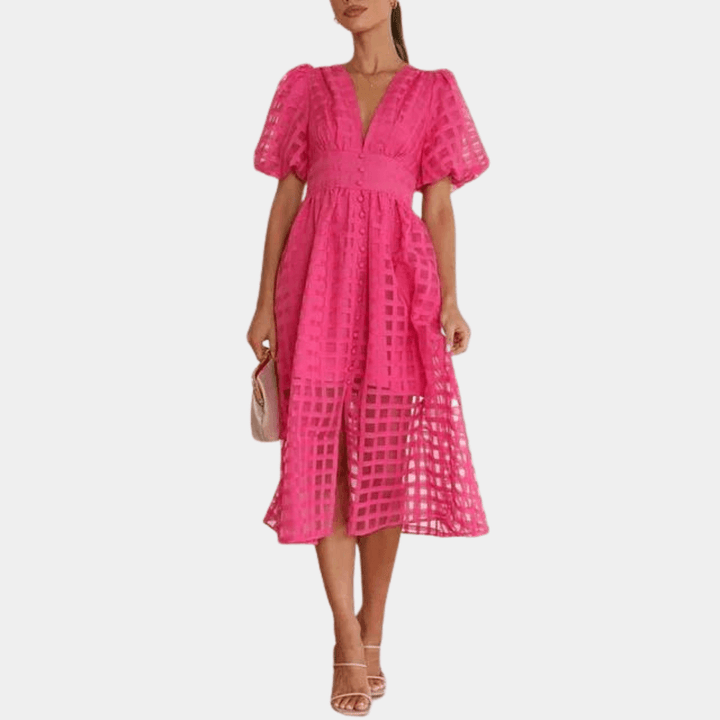 Checkered Sheer Midi Dress with Puff Sleeves - Women's
