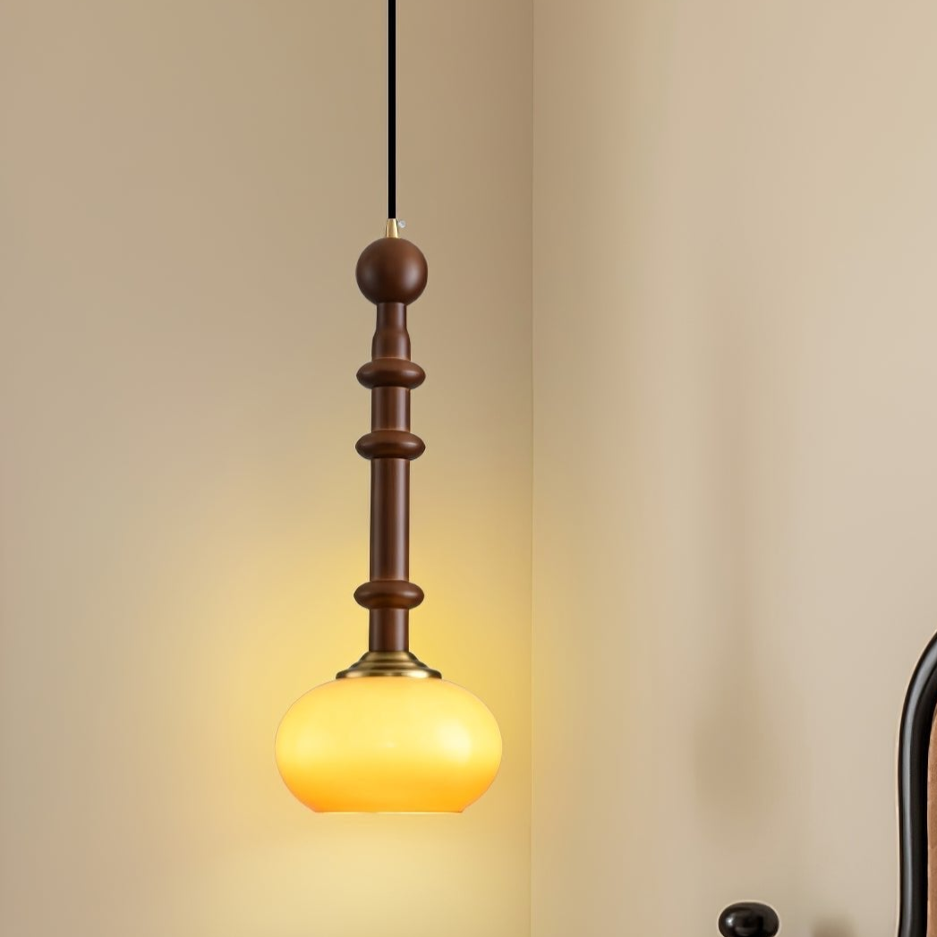 Elegant Glass Pendant Lamp with Wooden & Brass Accents