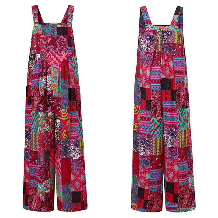 Blue wide-leg sleeveless jumpsuit with a flattering square neck, great for vacation wear and summer fashion.