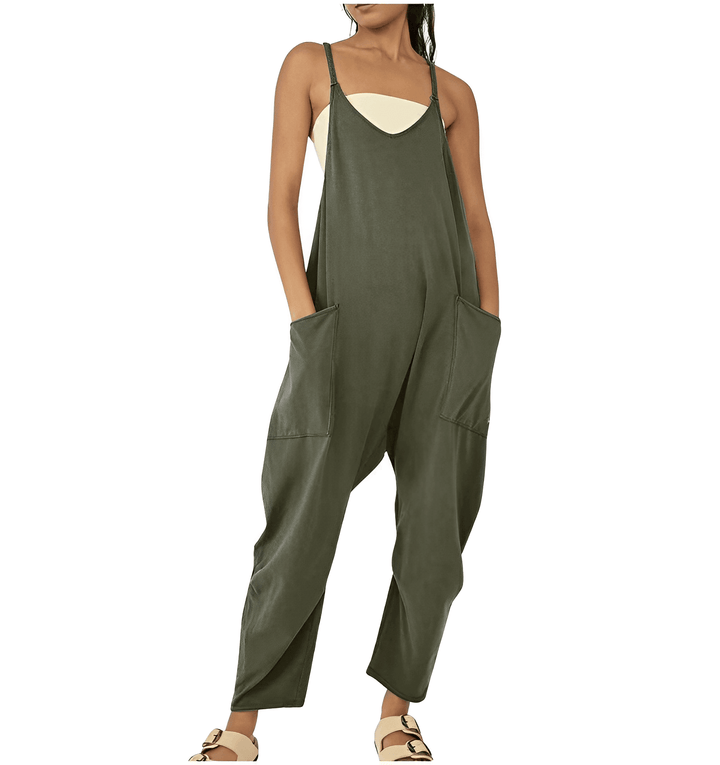 Lightweight women's sleeveless jumpsuit, comfortable & casual with handy pockets for summer.