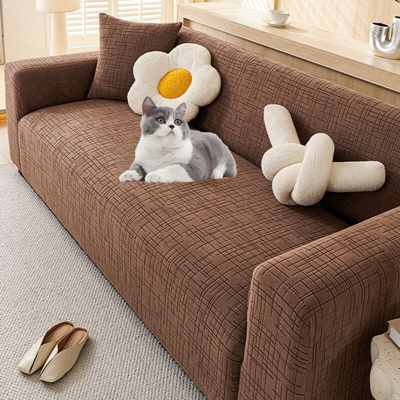 Elastic Jacquard Anti-Scratch Sofa Cover for Pets, stretchy plaid fabric, protects from scratches, ideal for families.