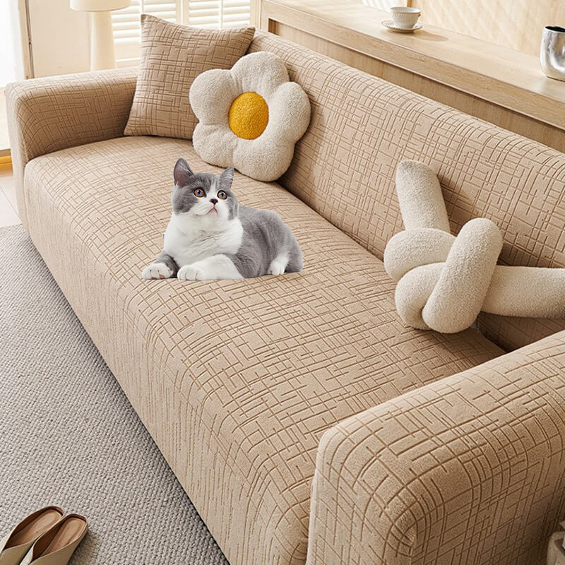 Elastic Jacquard Anti-Scratch Sofa Cover for Pets, stretchy plaid fabric, protects from scratches, ideal for families.