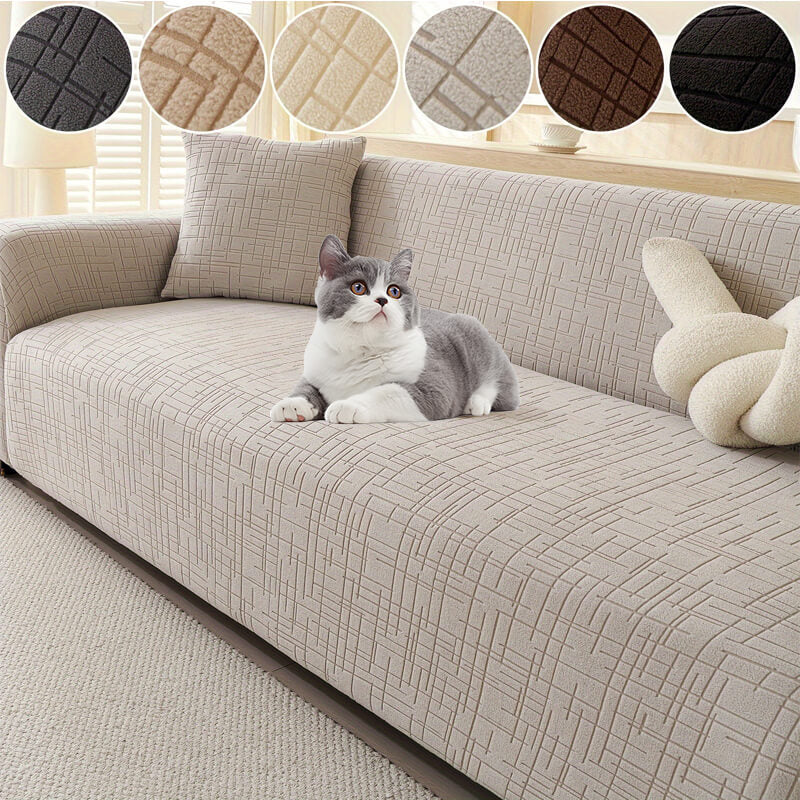 Elastic Jacquard Anti-Scratch Sofa Cover for Pets, stretchy plaid fabric, protects from scratches, ideal for families.