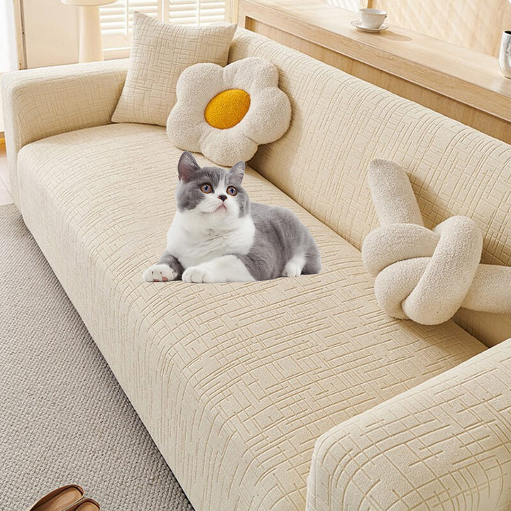 Elastic Jacquard Anti-Scratch Sofa Cover for Pets, stretchy plaid fabric, protects from scratches, ideal for families.