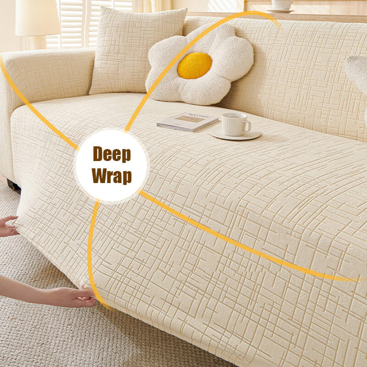 Elastic Jacquard Anti-Scratch Sofa Cover for Pets, stretchy plaid fabric, protects from scratches, ideal for families.