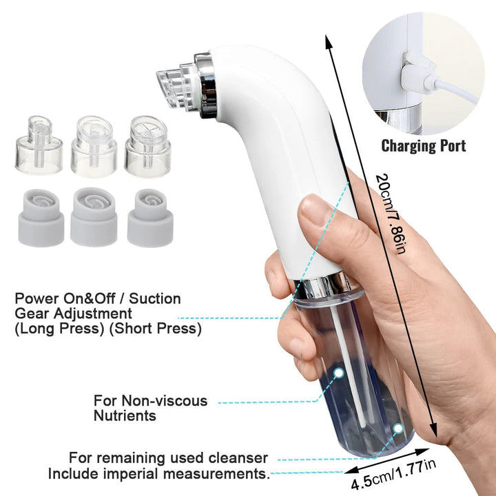 Electric blackhead remover pore vacuum on white background, featuring ergonomic design with interchangeable suction heads.
