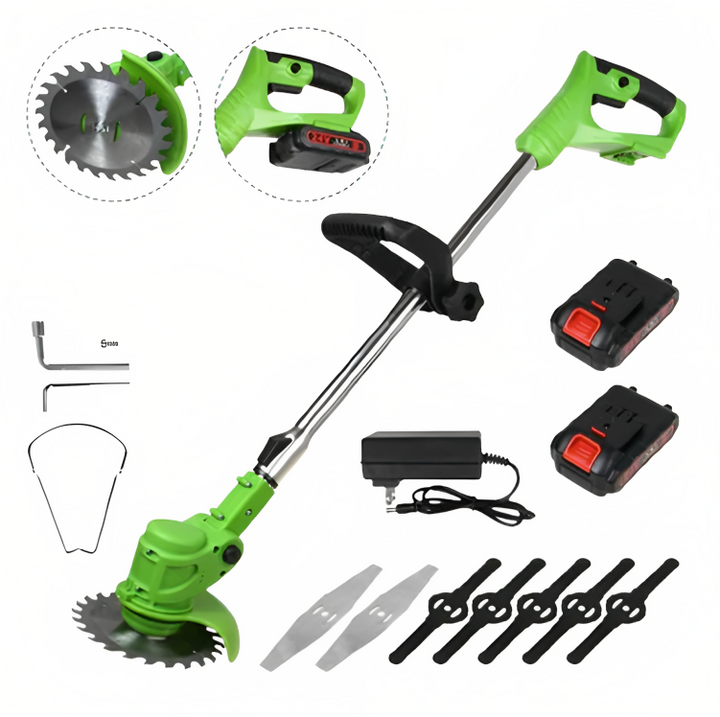 "Electric cordless weed eater with 24V motor, ergonomic handle, adjustable length, durable aluminum and plastic design."