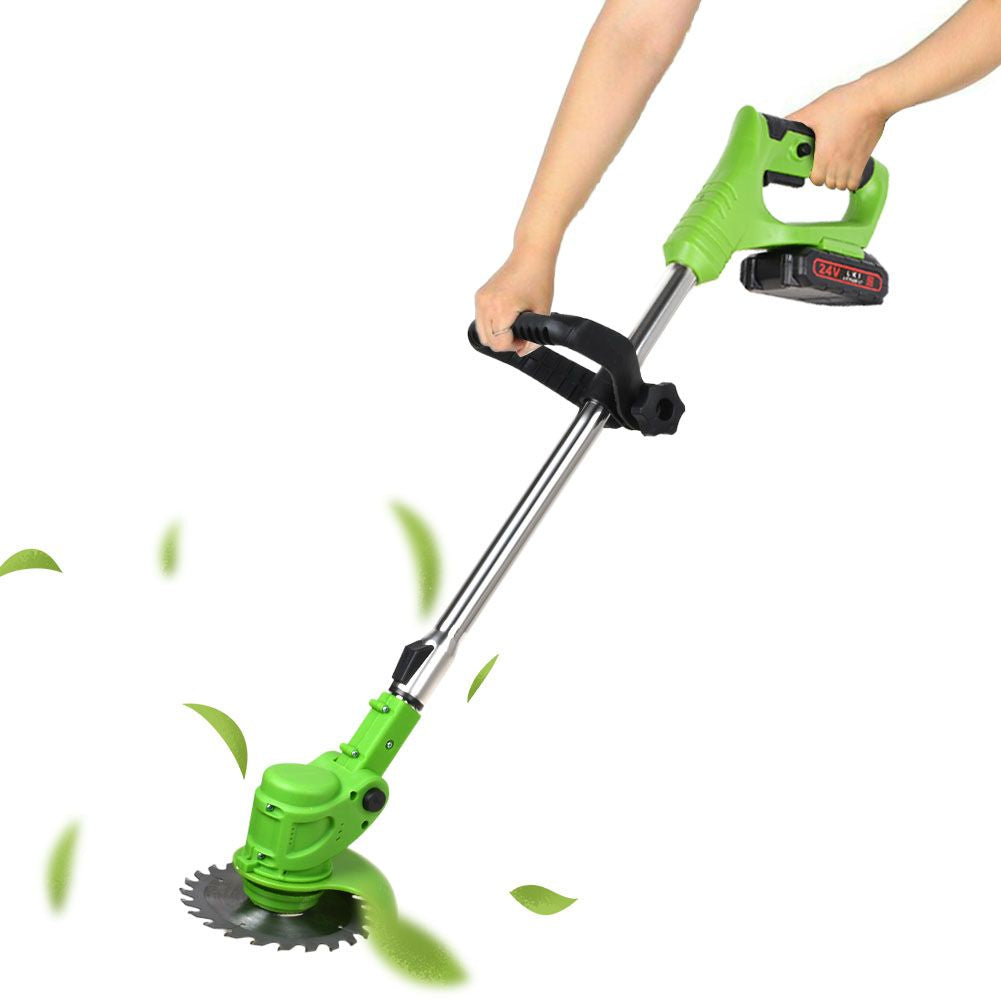 "Electric cordless weed eater with 24V motor, ergonomic handle, adjustable length, durable aluminum and plastic design."