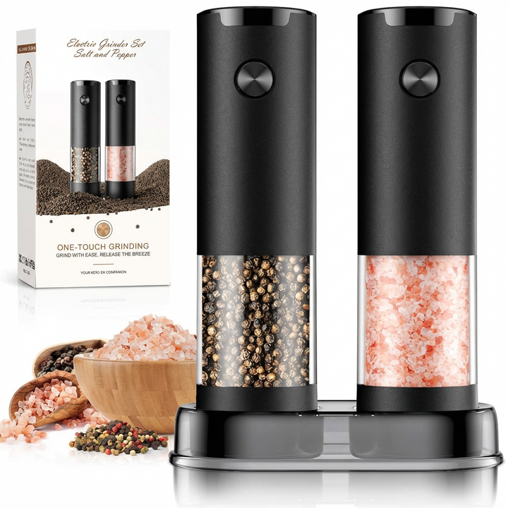 Electric salt and pepper grinder set for effortless, automatic seasoning. Perfect cordless kitchen tool for home chefs.