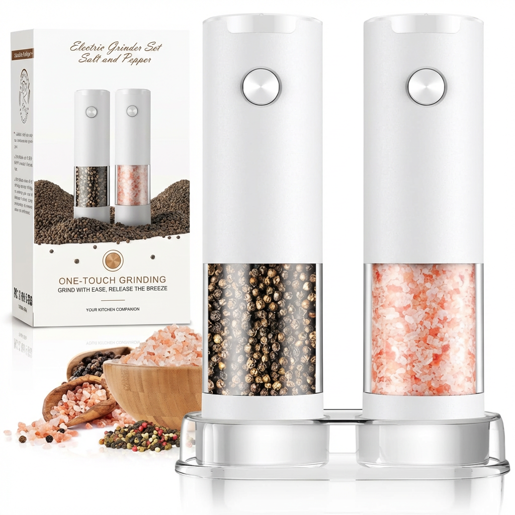Cordless automatic electric pepper and salt mill set. Modern, adjustable spice grinder for easy one-hand use.
