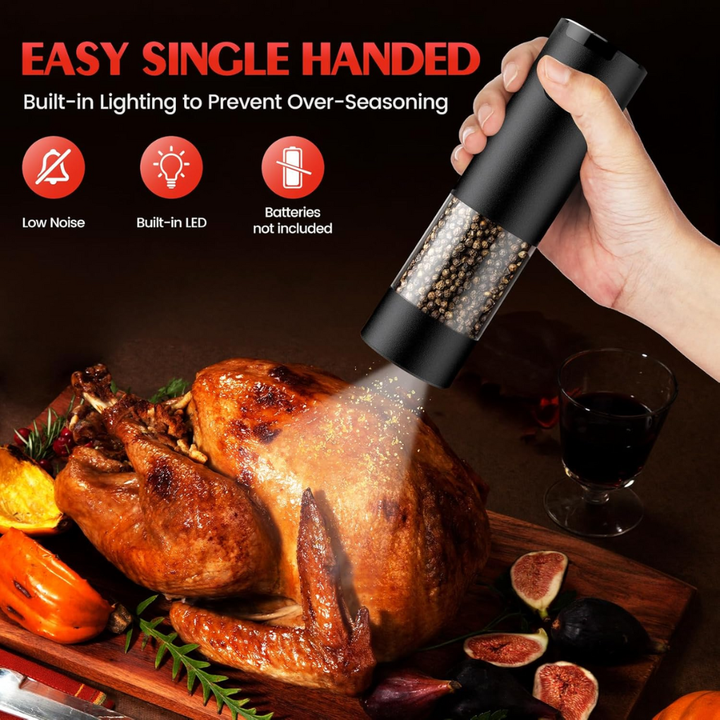 Automatic electric salt and pepper grinder set with adjustable coarseness settings for precise seasoning.