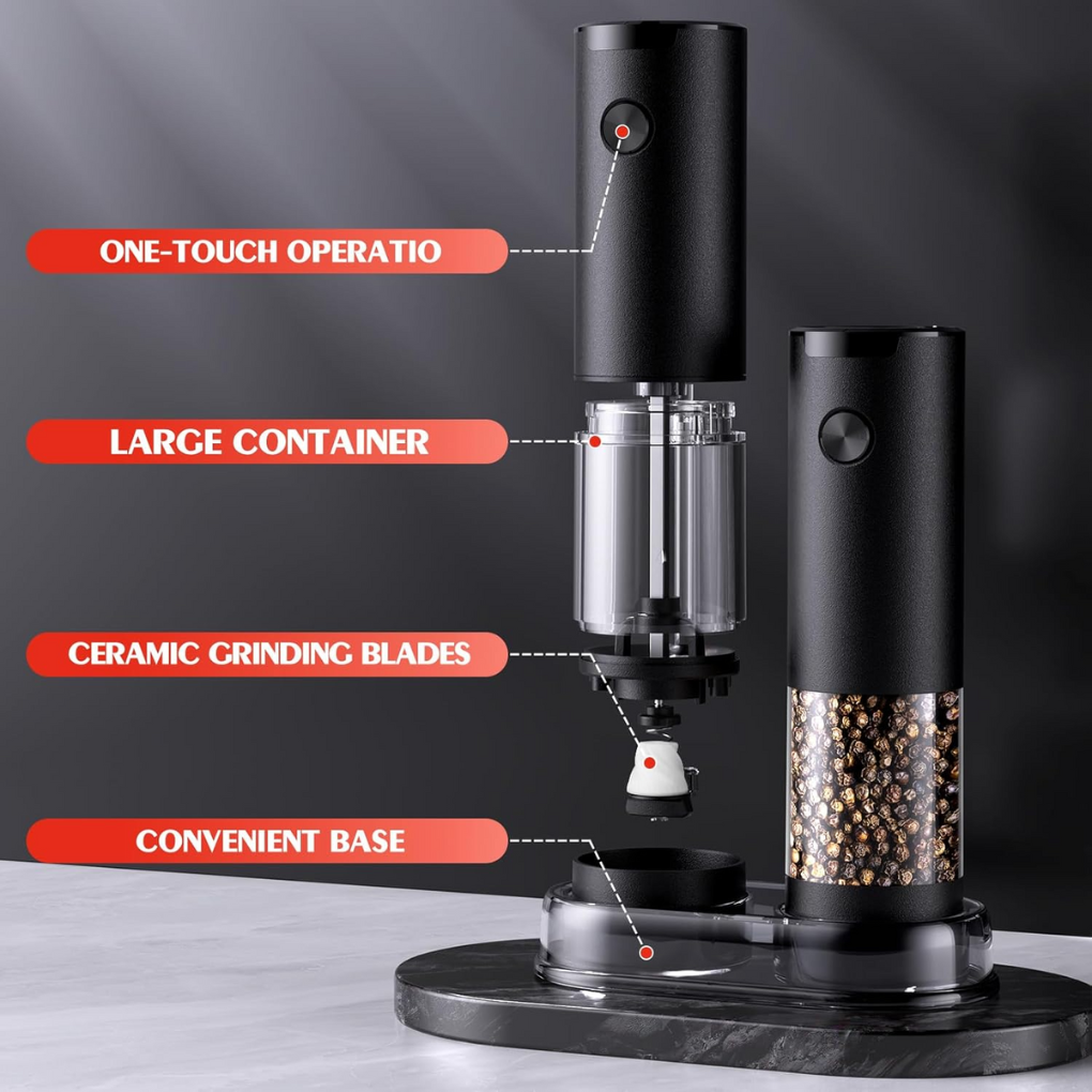 Sleek electric salt & pepper grinder set, a must-have automatic kitchen tool for the modern home chef.