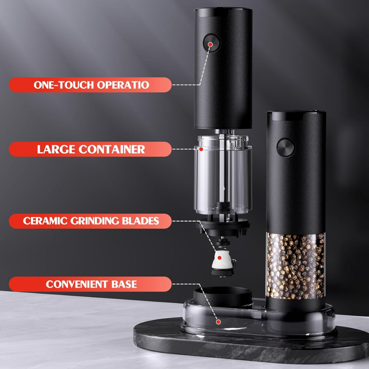 Sleek electric salt & pepper grinder set, a must-have automatic kitchen tool for the modern home chef.
