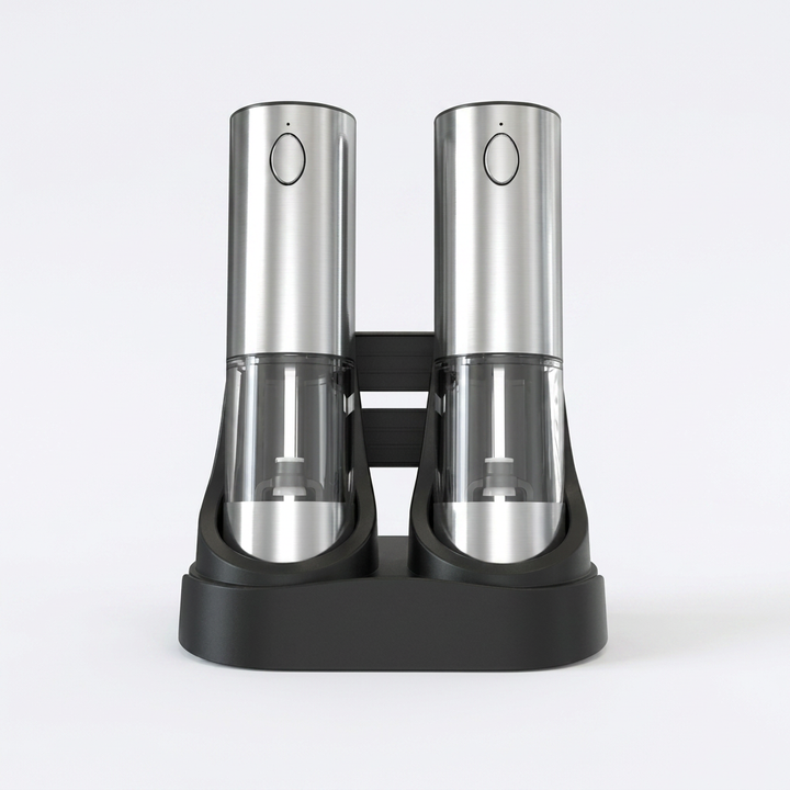 Premium electric salt and pepper spice mill set. Effortless, automatic cordless grinders for convenient cooking.