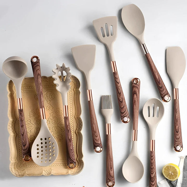 Elegant 10-piece silicone utensil set, heat resistant, features ergonomic handles, minimalist design for modern kitchens.