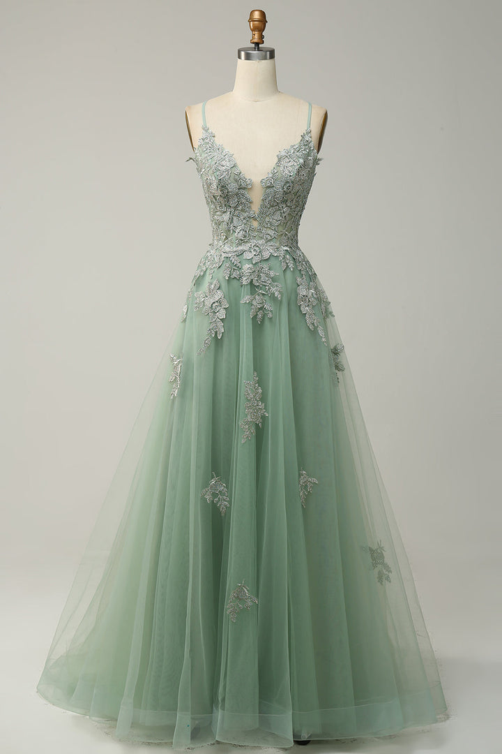 Luxurious A-line evening dress for women, adorned with beautiful appliques & spaghetti straps.