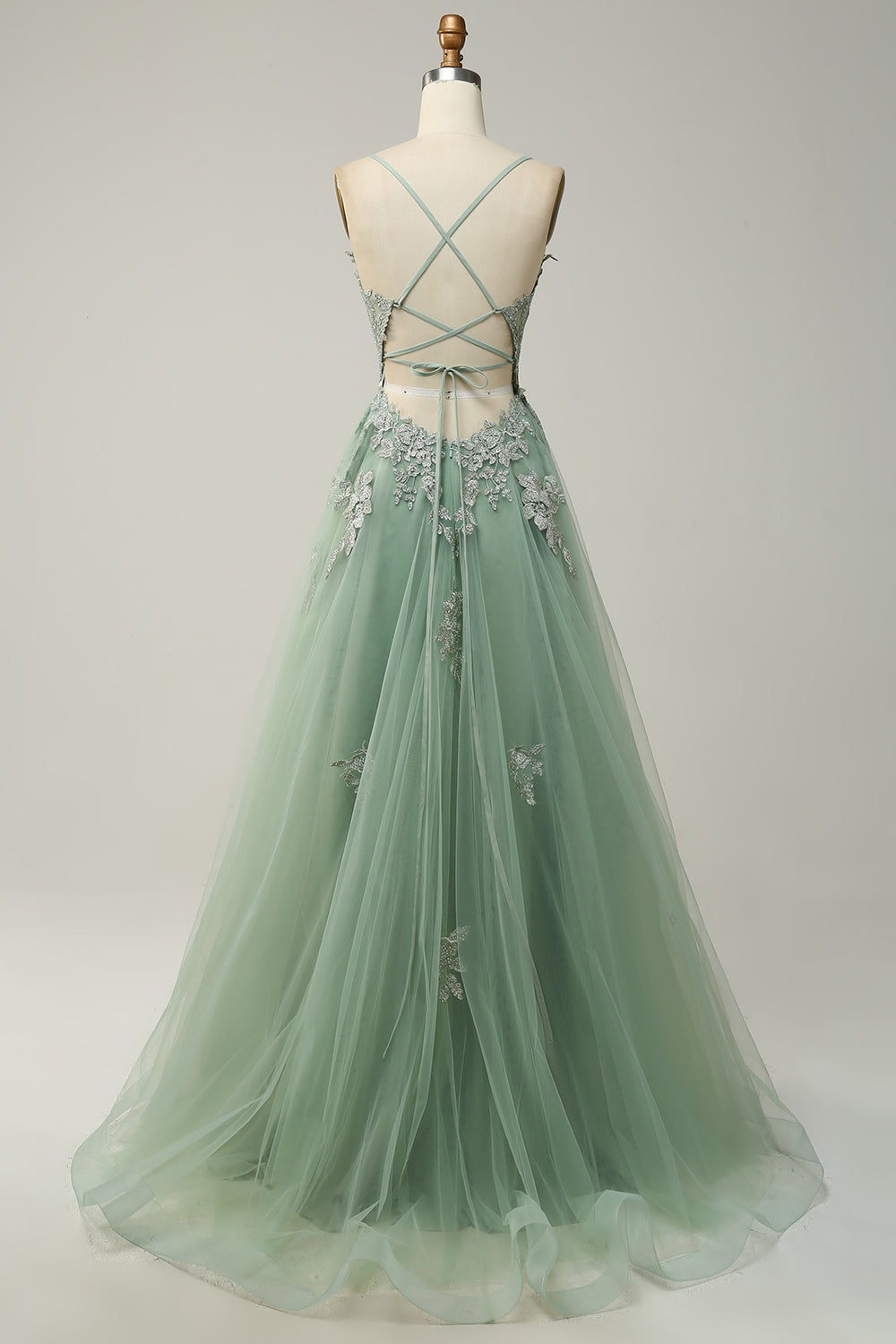 Sophisticated A-line special occasion dress with elegant appliques, long and flowing.