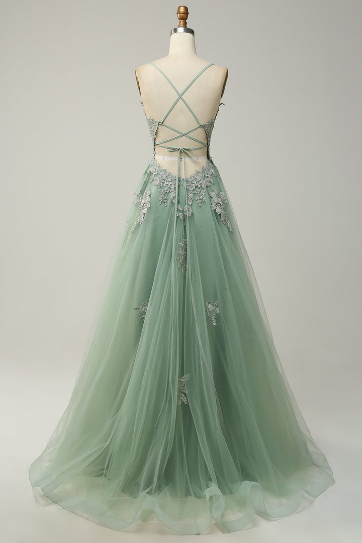 Sophisticated A-line special occasion dress with elegant appliques, long and flowing.