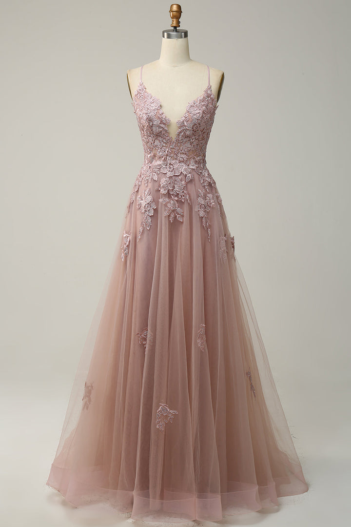 Feminine A-line formal wear dress featuring exquisite appliques, perfect for evening parties.