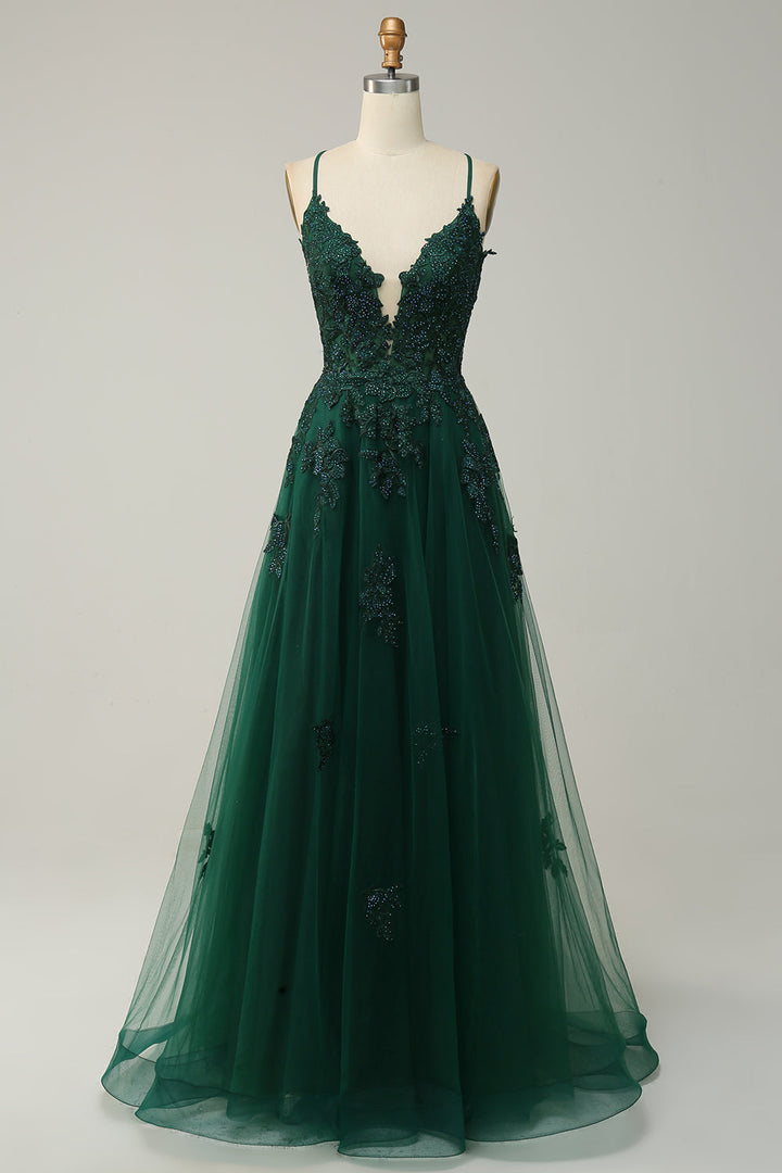 Classic A-line evening dress with detailed appliques, a sophisticated choice for formal events.
