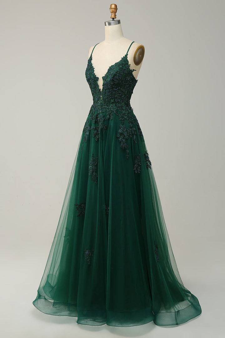 Graceful A-line prom gown with intricate appliqué work and a flattering silhouette.