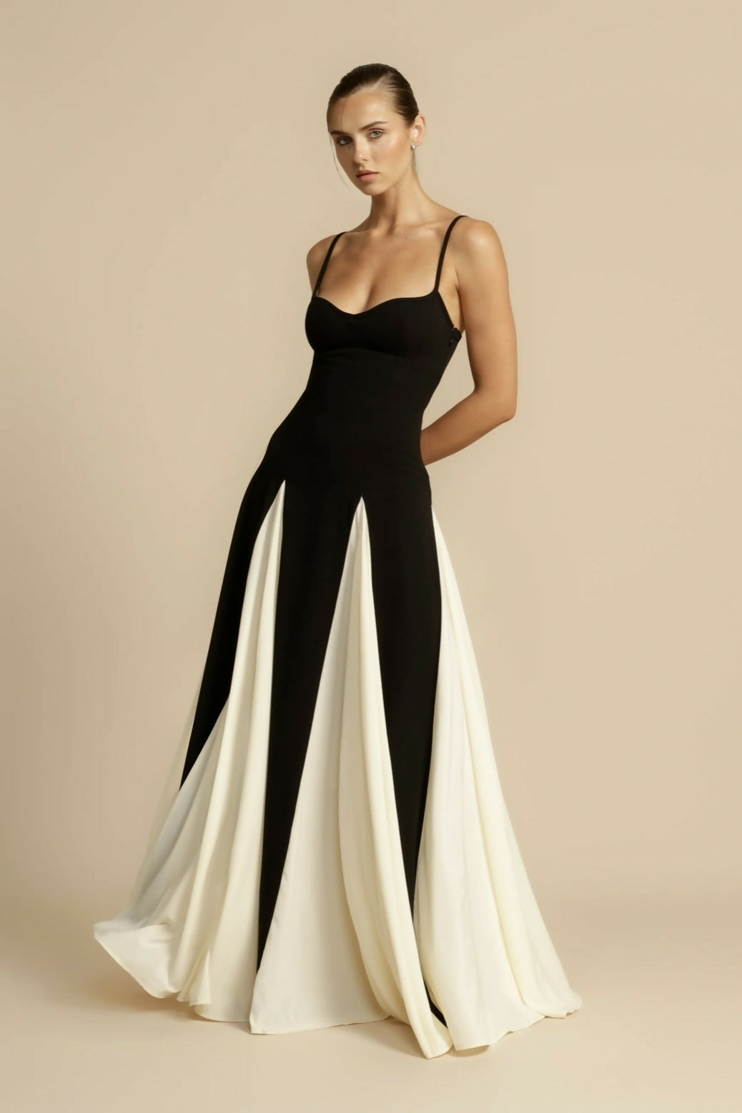 Stylish women's elegant A-line evening gown. A chic maxi dress for formal and special occasions.