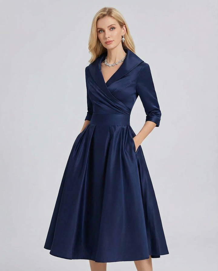 Elegant A-line midi dress with lapel design, perfect for women's summer fashion.