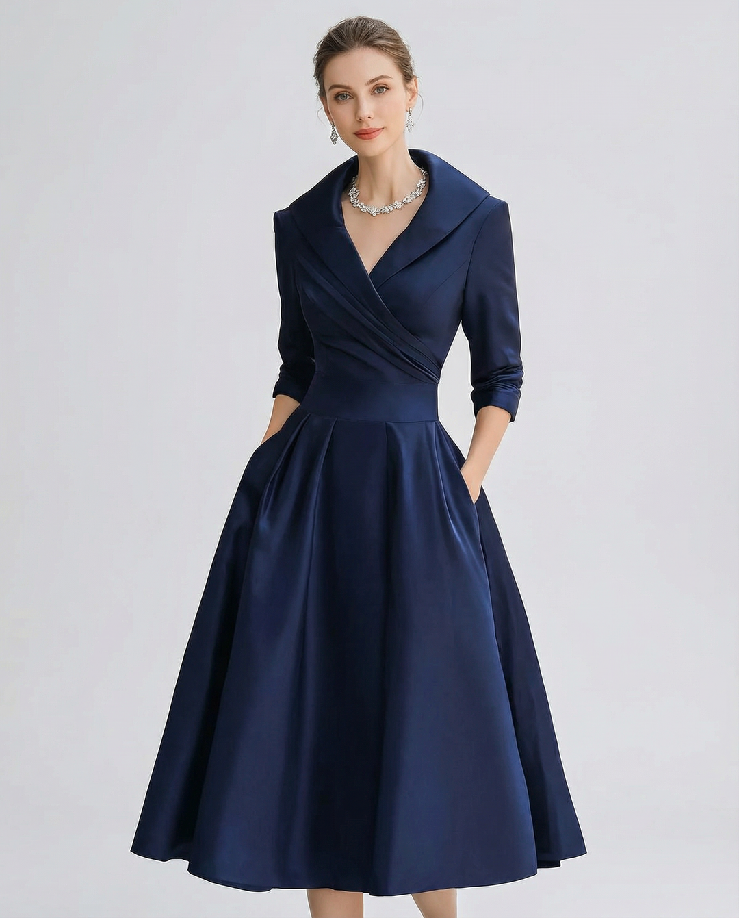 Chic A-line midi dress with stylish lapel design & pleated waist, ideal for spring/summer elegance.