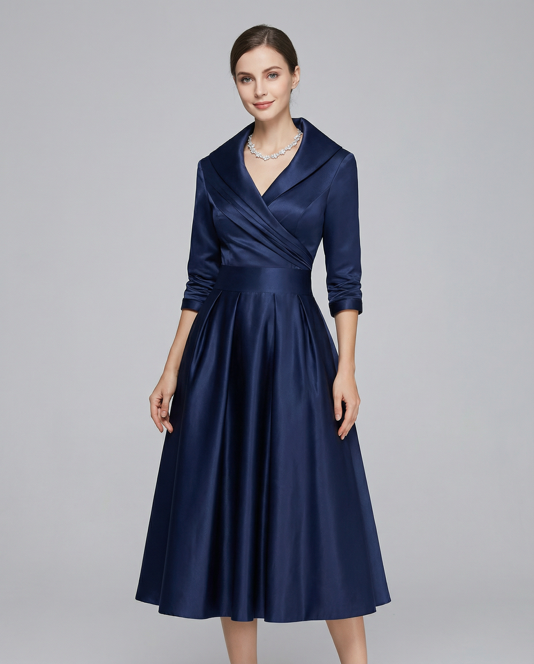 Versatile women's A-line midi dress, suitable for casual day wear or elegant occasions.