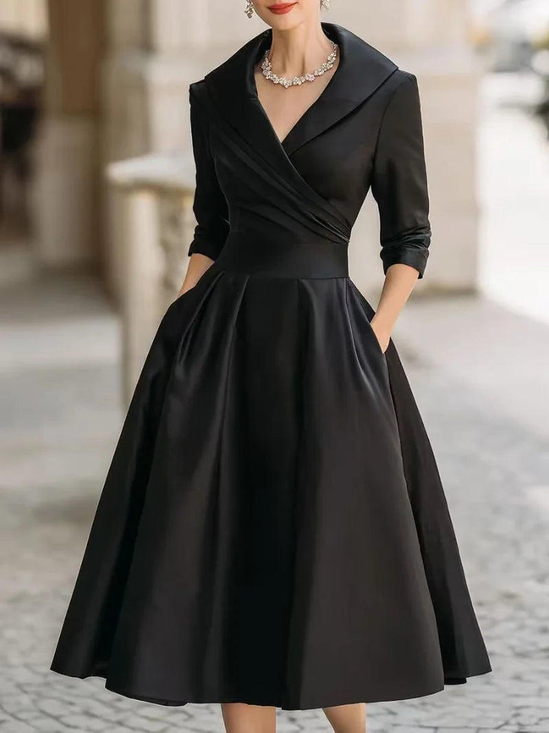 Flowy A-line midi dress for women, featuring a chic lapel and comfortable summer style.