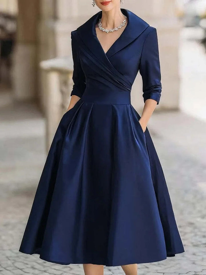 Chic women's A-line midi dress with lapel for elegant summer outings & spring fashion.