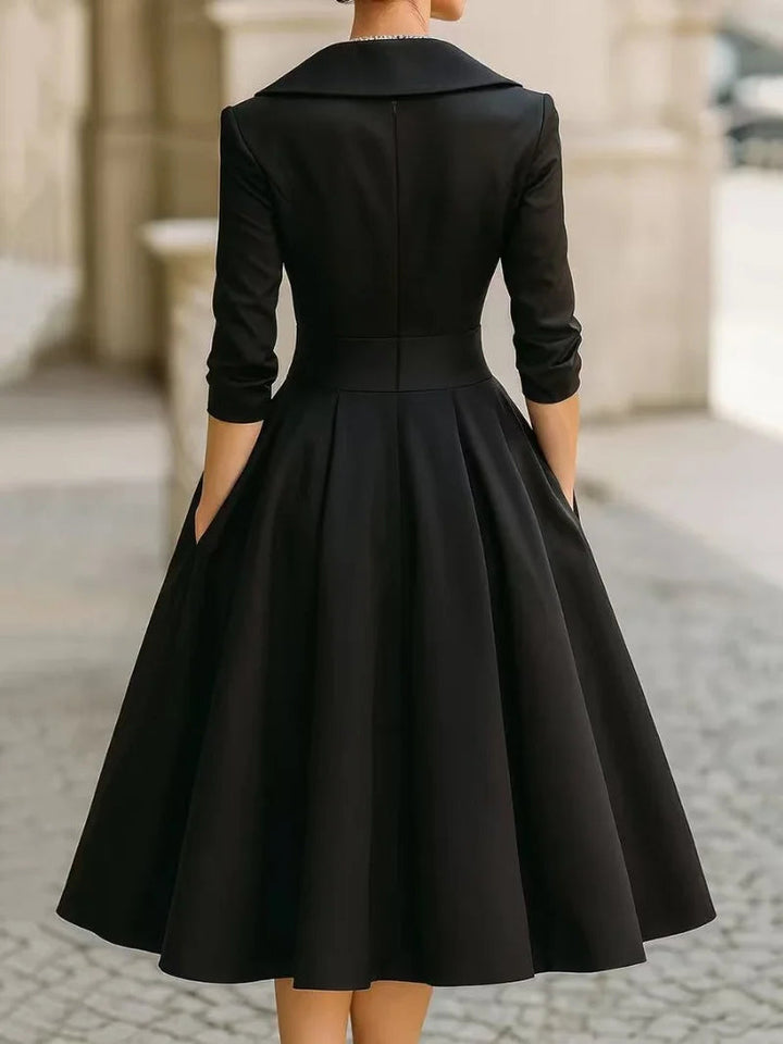 Elegant women's A-line midi dress featuring a lapel design & flattering pleated waist for summer.