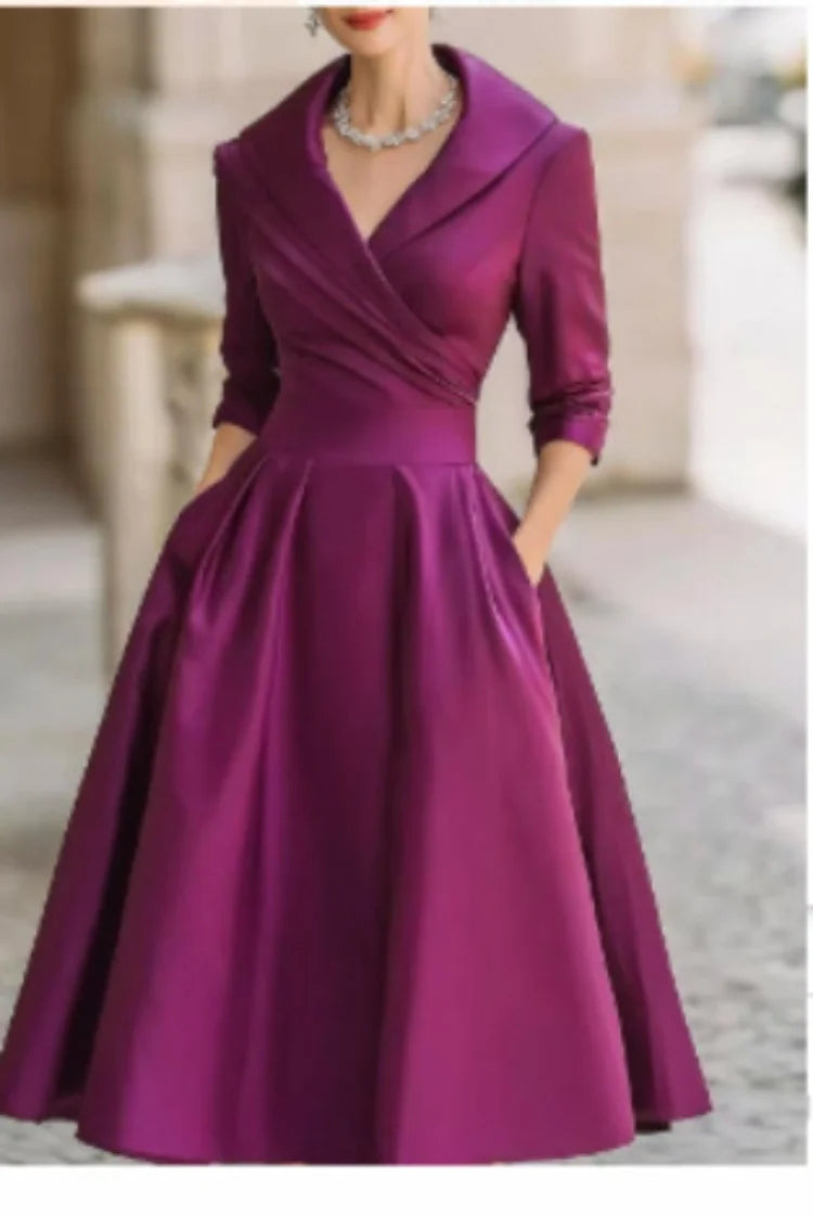 Elegant women's A-line midi dress with lapel design, a chic choice for summer & spring occasions.