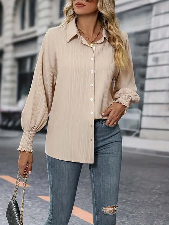 Women's versatile apricot long sleeve ruffled blouse, ideal for spring fashion & casual chic.