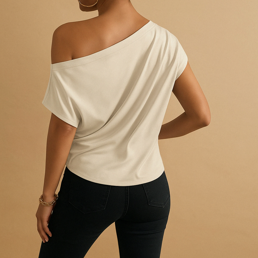 New women's feminine off-shoulder top with short sleeves. Versatile beige blouse, great for stylish casual wear.