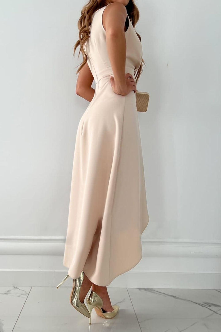Chic women's asymmetrical V-neck wrap maxi dress in beige, ideal for elegant formal evening wear.