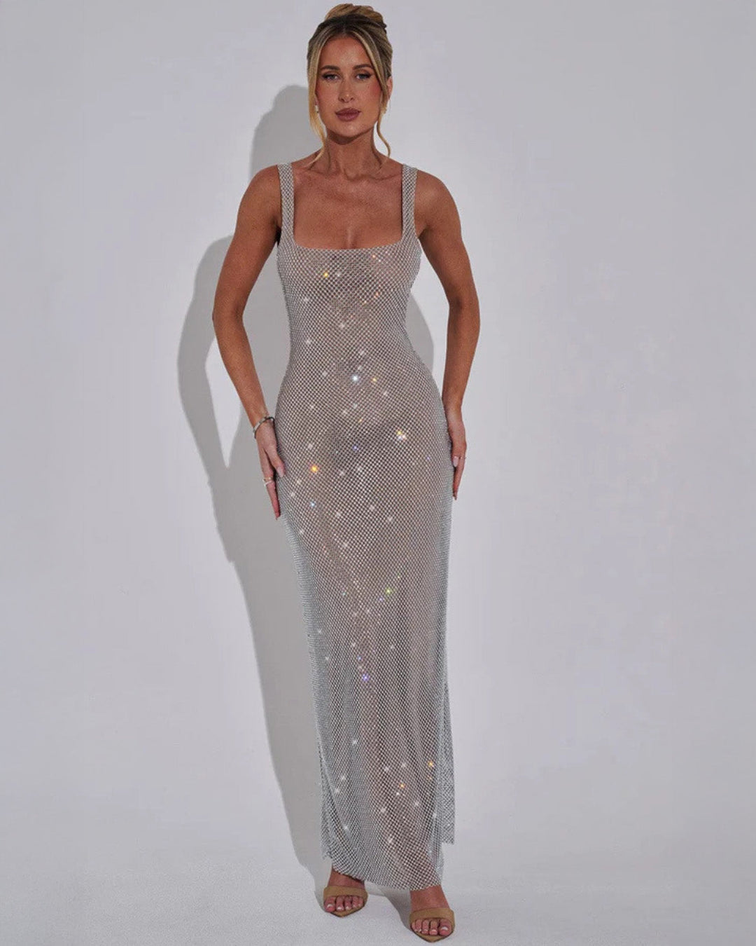 Stunning red embellished formal maxi dress, an elegant long evening gown for women's special events.