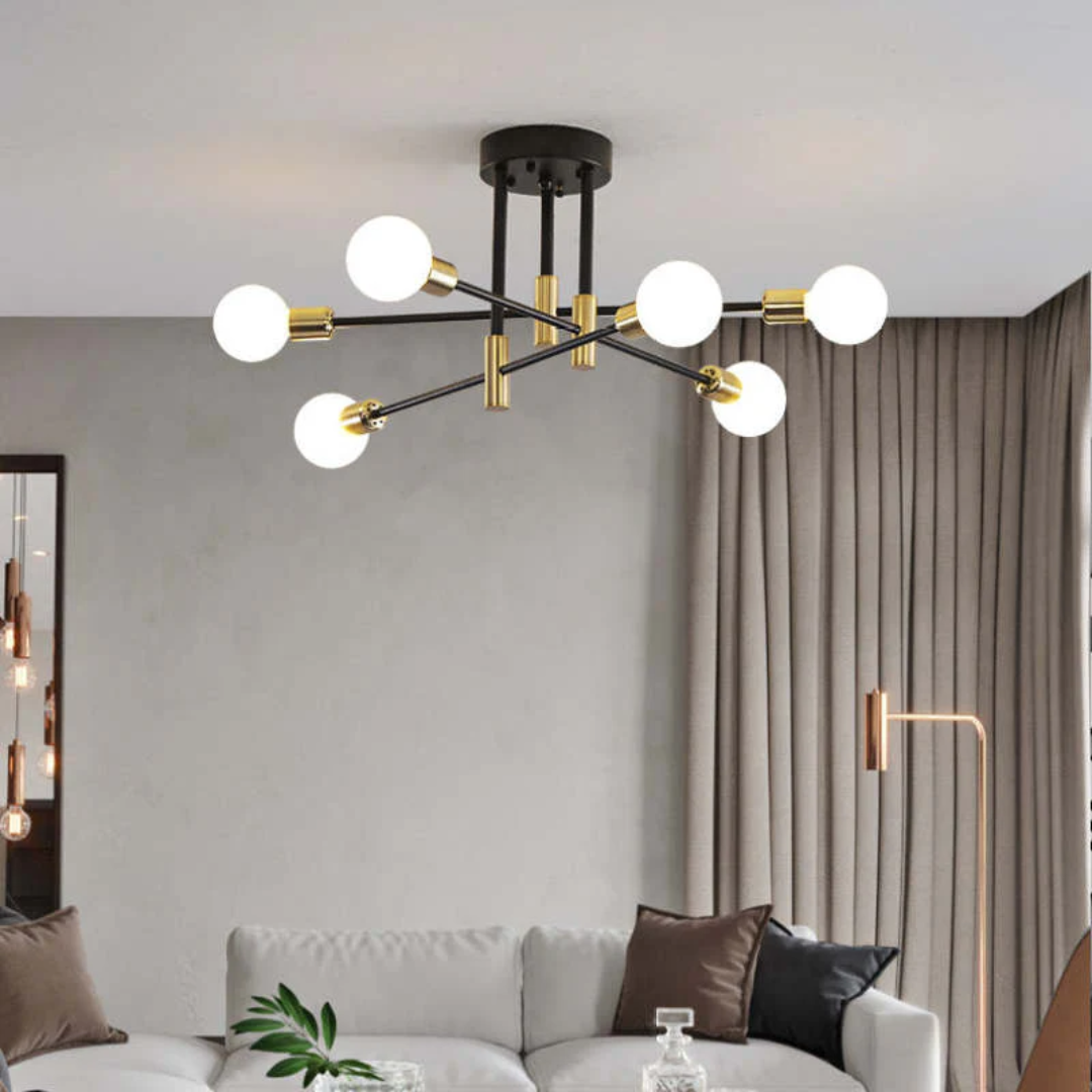 Artistic shot of black & gold modern LED ceiling light. Elegant fixture for sophisticated home lighting.