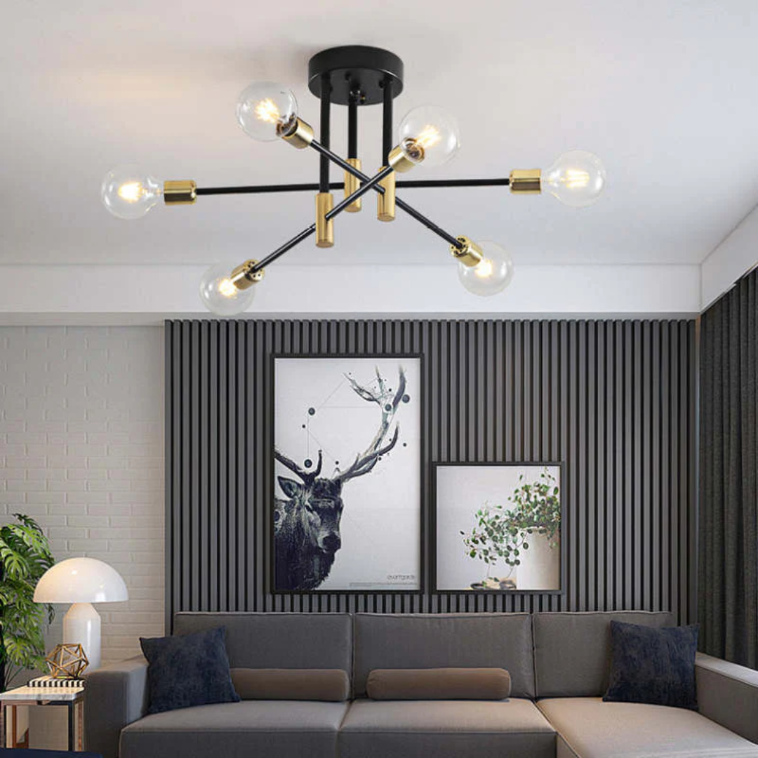 Side view of black & gold modern LED ceiling light. Sleek design for contemporary home illumination.