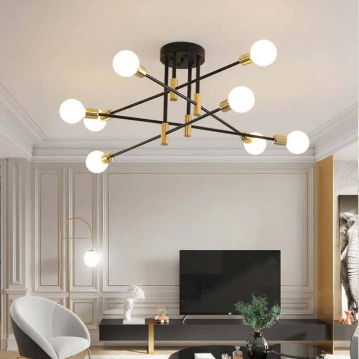 Luxury black & gold LED ceiling light enhancing a modern bedroom or dining room decor.