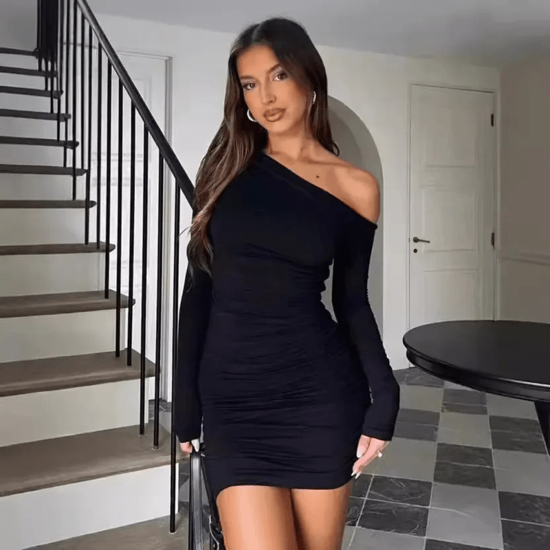 Fitted women's ruched one-shoulder long-sleeve mini dress, a chic choice for cocktail parties.